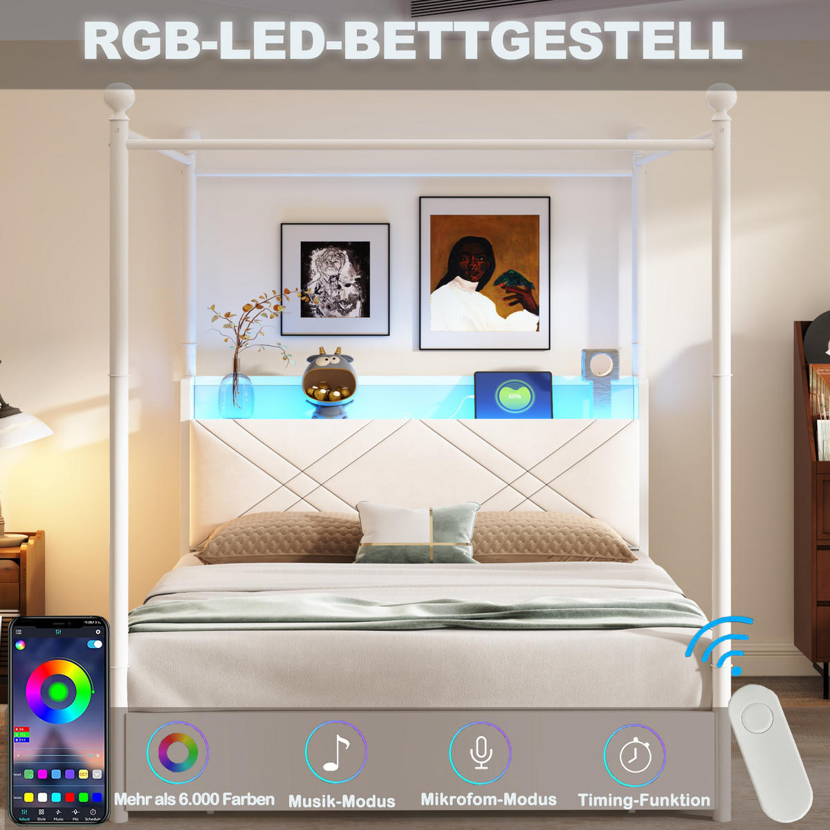 POLSTERBETT 140/190 cm Weiß mit LED-Beleuchtung und USB-/Typ-C - Weiß, Holz (140/190cm) - Oxeza