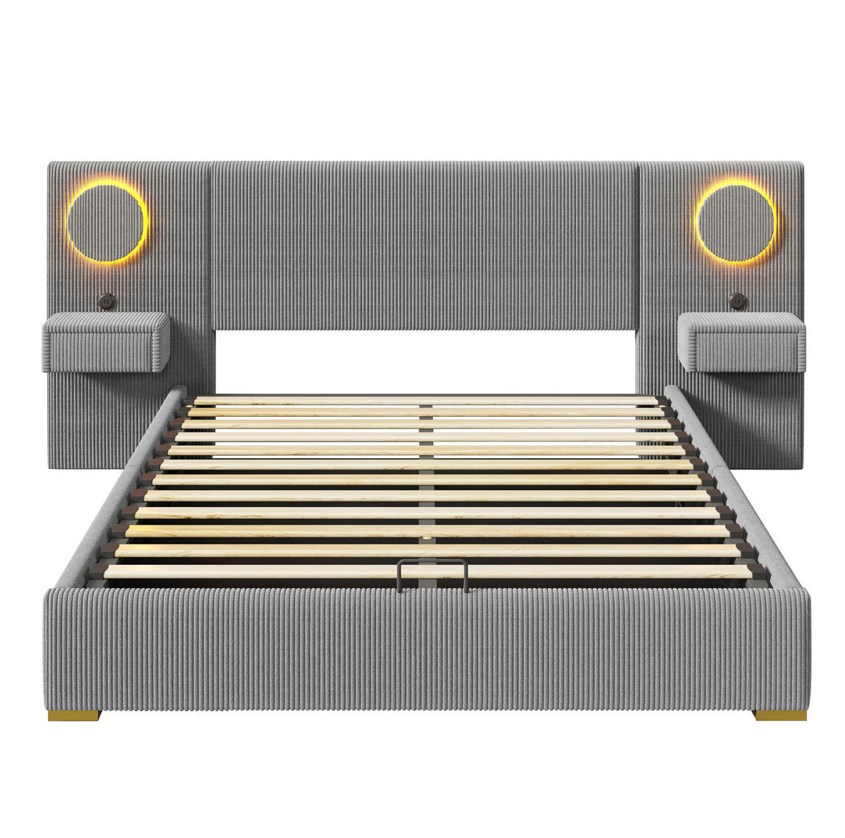 ČALOUNĚNÁ postel 180/200 cm s LED osvětlením, USB porty a hydraulickým úložným prostorem, Šedá - šedá, textil (180/200cm) - Redom
