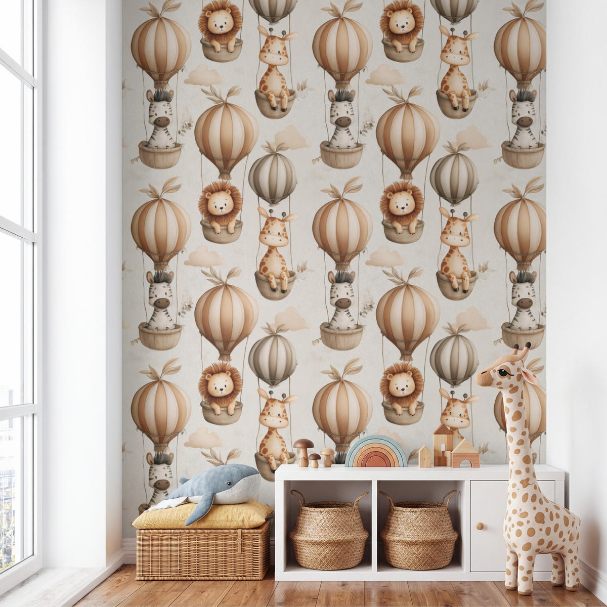 KINDERTAPETE - Safari - Heißluftballons - Taupe - 240x280 cm - Beige, Papier (240/280cm) - OnlyWow