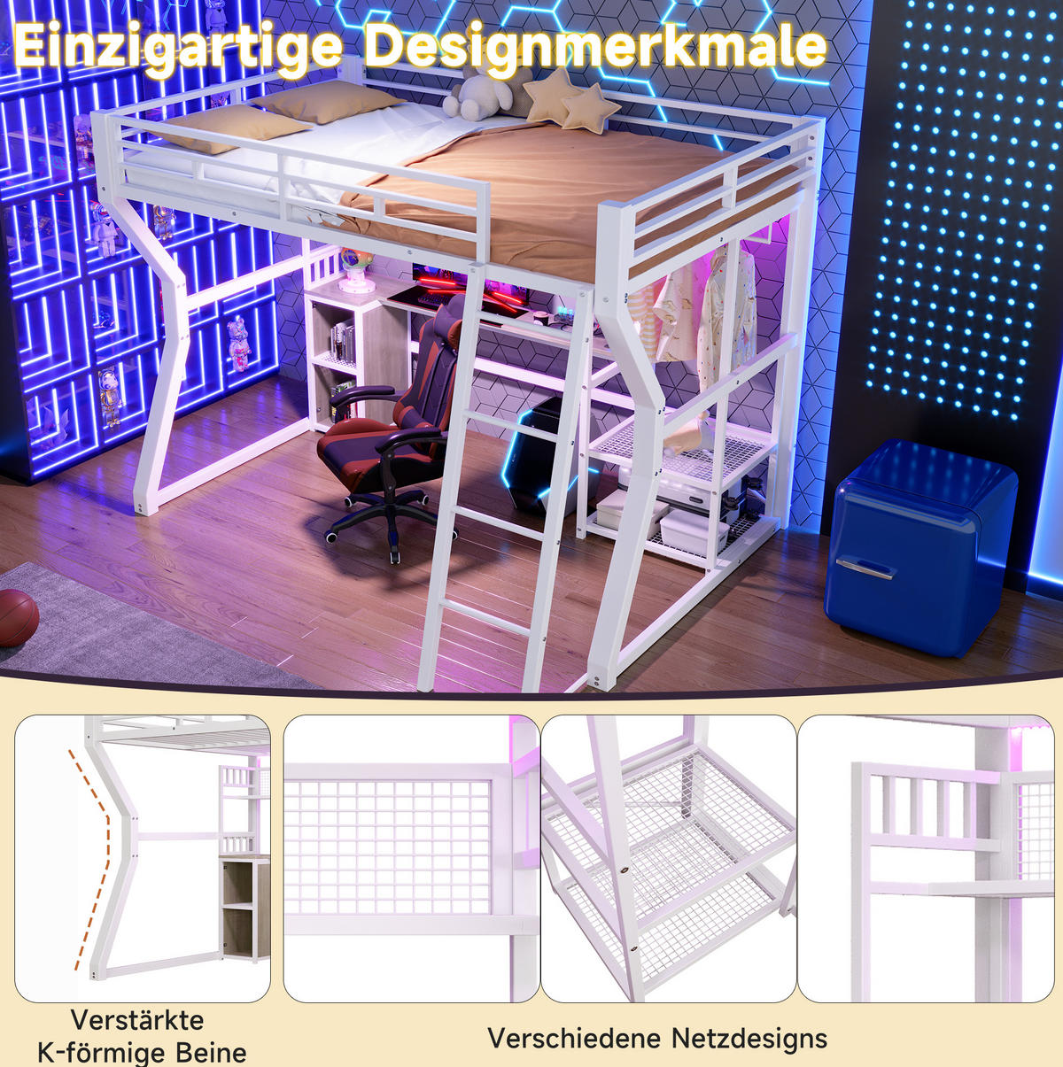 HOCHBETT 140/200 cm aus Metall/MDF mit Schreibtisch und Lichtleiste Weiß - Weiß, Holzwerkstoff (140/200cm) - Modenvie