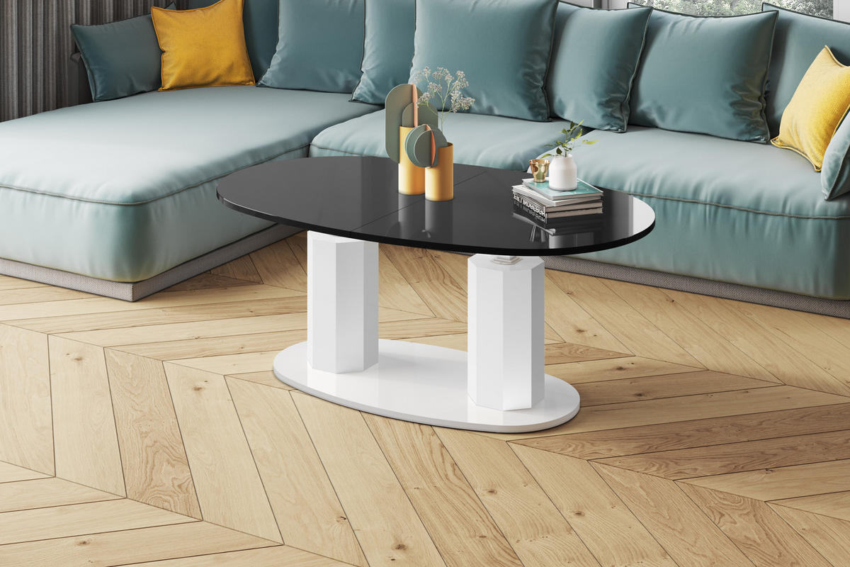 COUCHTISCH Schwarz Weiß Hochglanz oval ausziehbar höhenverstellbar - Schwarz Hochglanz/Weiß Hochglanz, Holzwerkstoff (80/130/54cm) - designimpex