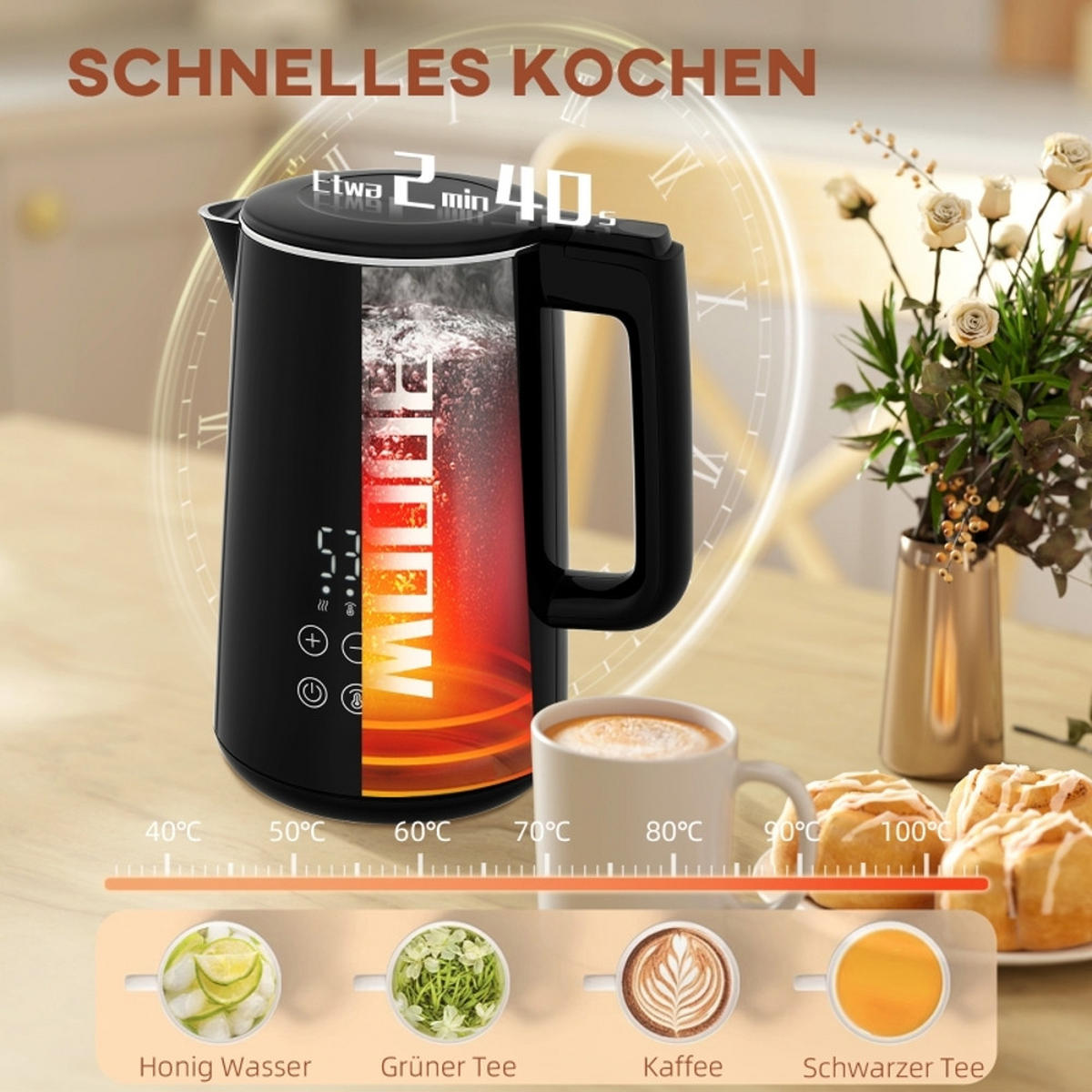WASSERKOCHER-TOASTER SET 1,5L 2200W, Schwarz, 7 Bräunungsstufen, Auftaufunktion - Schwarz, Kunststoff (15.5/25.1/21.5cm) - Rolipo