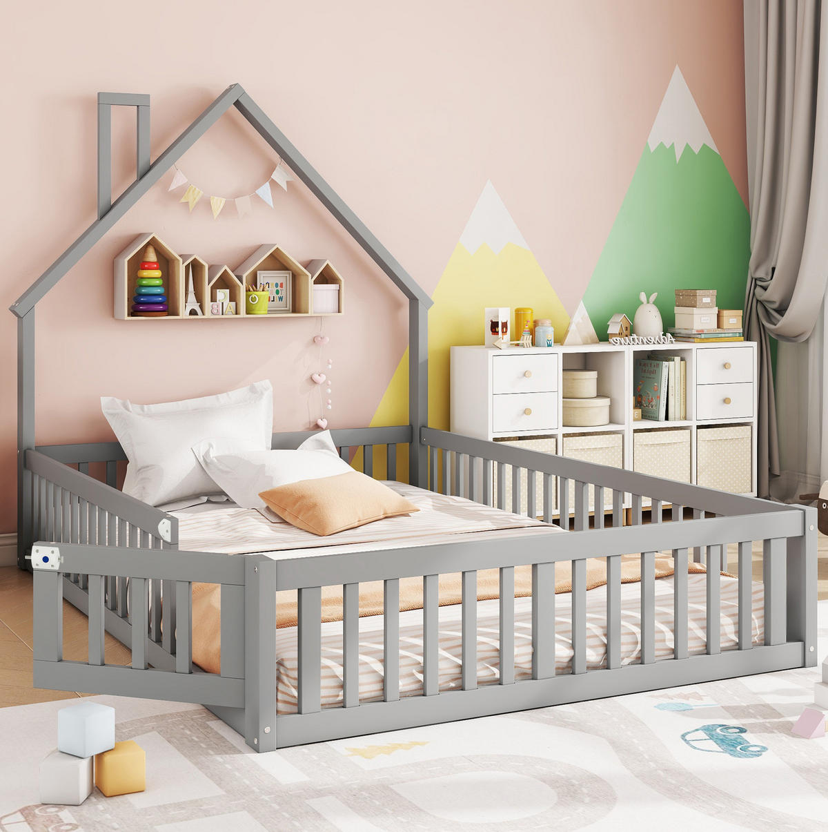 KINDERBETT aus Kiefernholz & MDF 140x190 cm in Grau mit Sicherheitsgitter - Grau, Holzwerkstoff (140/190cm) - Modfu