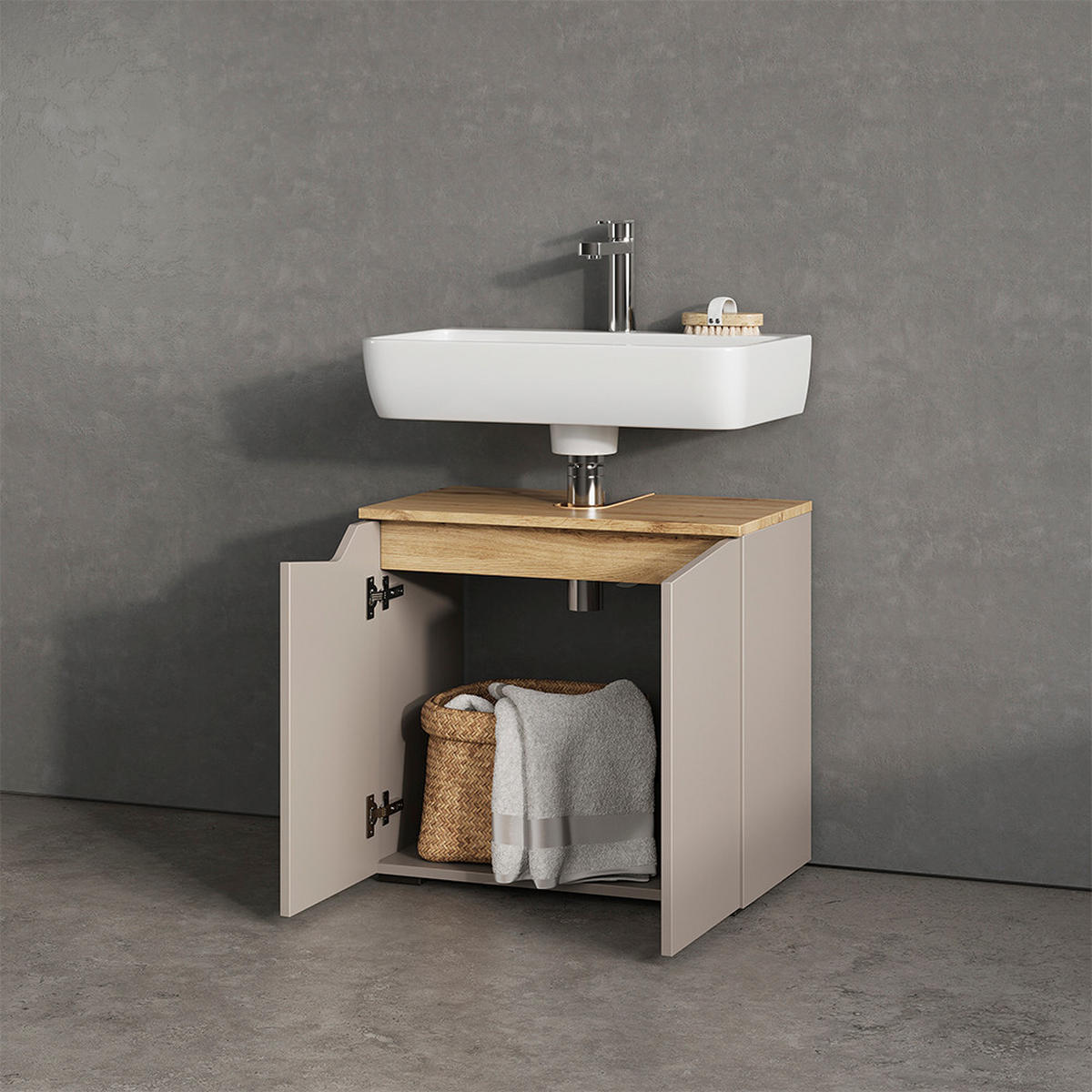 WASCHBECKENUNTERSCHRANK Timavo Greige 60 x 57.5 cm mit 2 Türen - Greige/Eiche Artisan, Holzwerkstoff (60/57.5/35cm) - Livinity®