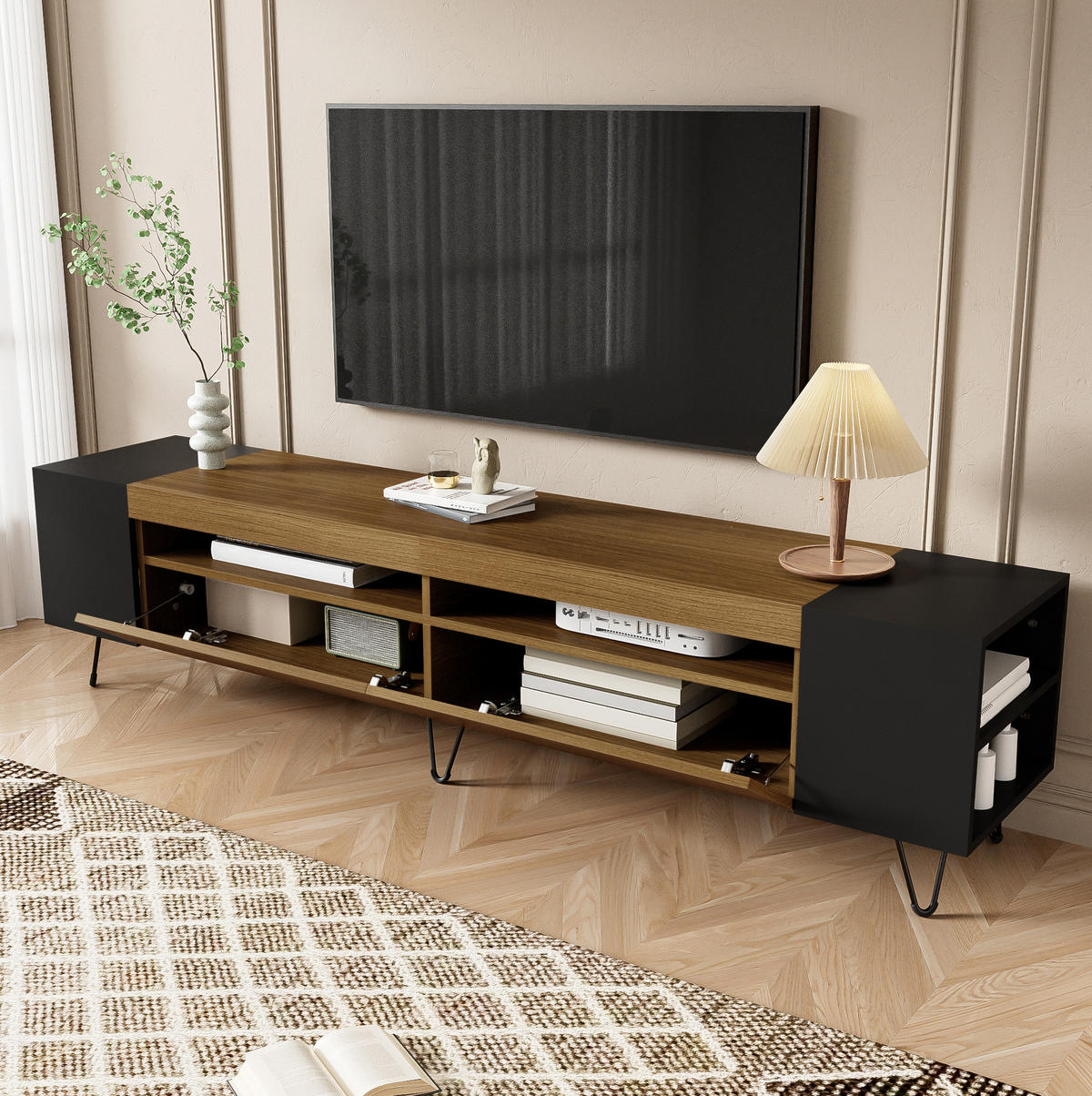 LOWBOARD 180/36/43 cm aus MDF und Spanplatte mit 2 Türen und offenen Fächern Schwarz (Holzoptik) - Schwarz, Holzwerkstoff (180/43/36cm) - Modenvie