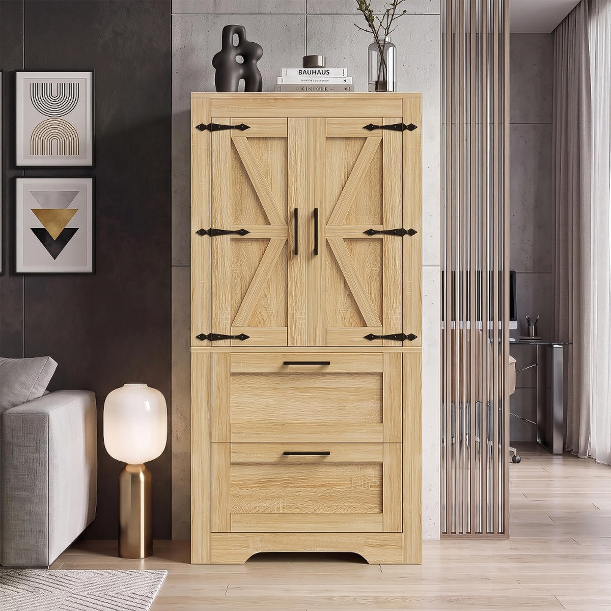 KÜCHENINSEL Küchenschrank Landhausstil, SCHEUNENTÜR DESIGN, mit 2 Schubladen, Naturholzfarbe, 60/128/30 cm - Naturfarben, Kunststoff (30/128/60cm) - Rolipo