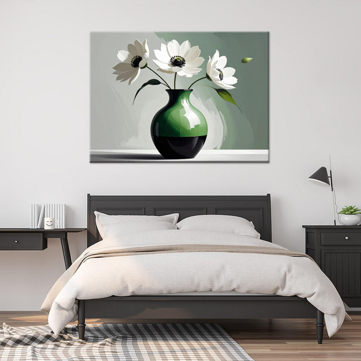 WANDBILD, Weiße Blumen in einer grünen Keramikvase - Grün, Textil (45/30cm) - Feeby