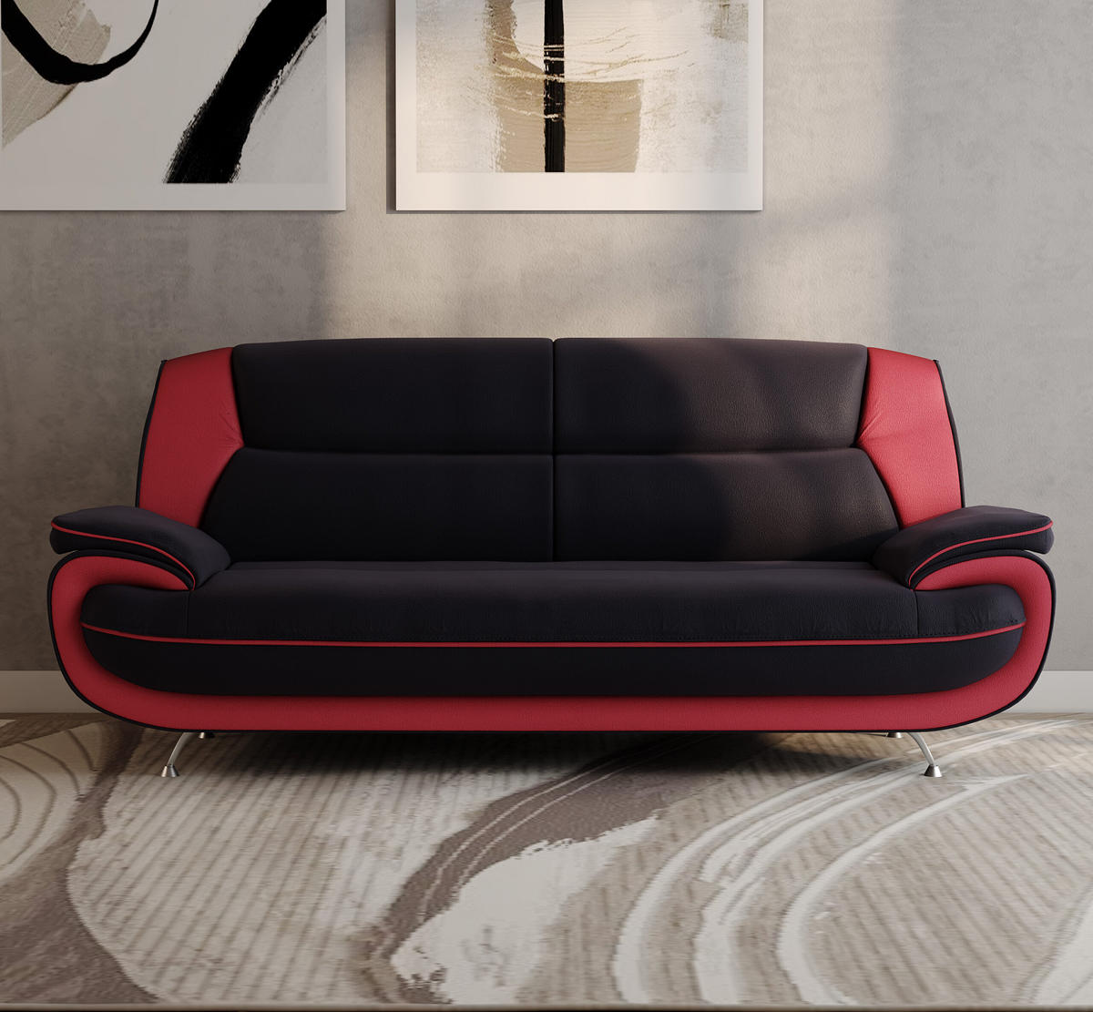 SOFA 3-Sitzer, Stoff Soft, Schwarz + Rot, Palermo - Schwarz, Holz (198/89/87cm) - Kaiser Möbel