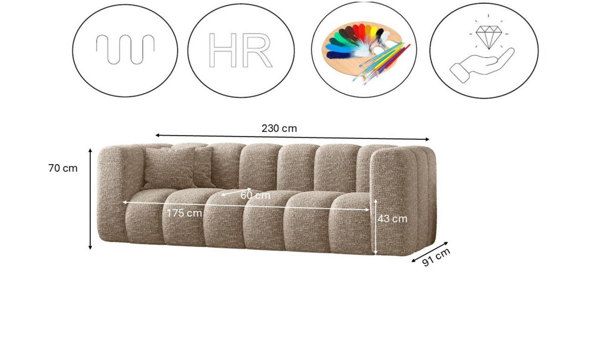 COUCH Dreisitzer-Sofa Grand Modular Stoff Haga Beige - Beige, Holz (230/70/91cm) - Kaiser Möbel