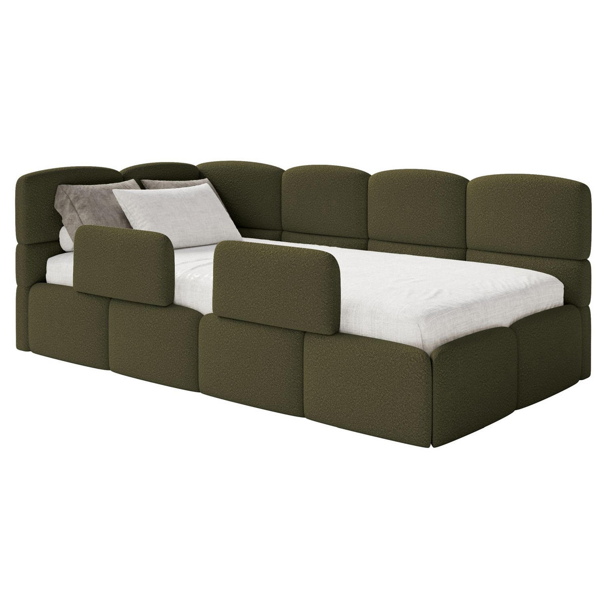 JUGENDBETT Cloudy links mit Matratze und Rausfallschutz Bouclé Olivgrün - Olivgrün, Kunststoff/Textil (90/200cm) - Selsey