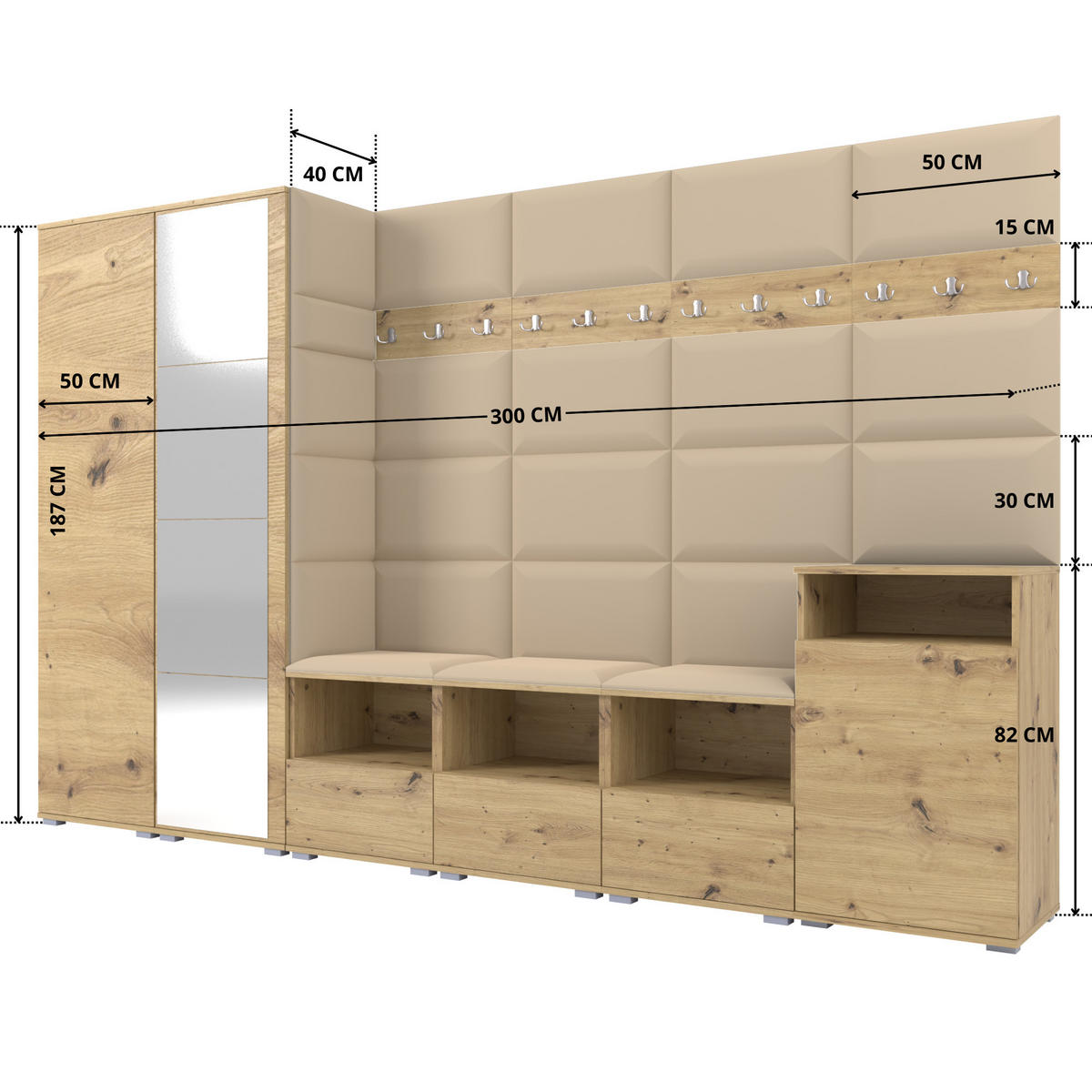 GARDEROBE NELA XII 300 cm (Modulare Flurmöbel Artisan Eiche mit Spiegel & Sitzpolster Beige 04 Gigantisches Set) - Beige/Silberfarben, Holz/Holzwerkstoff (300/187/40cm) - Ravio