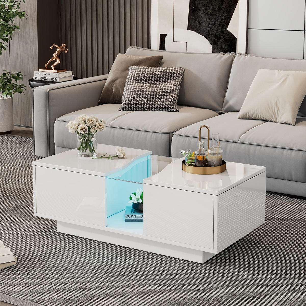 COUCHTISCH aus MDF 100x50x35 cm in Weiß mit LED-Beleuchtung & 2 Schubladen - Weiß, Holzwerkstoff (100/50/35cm) - Modfu