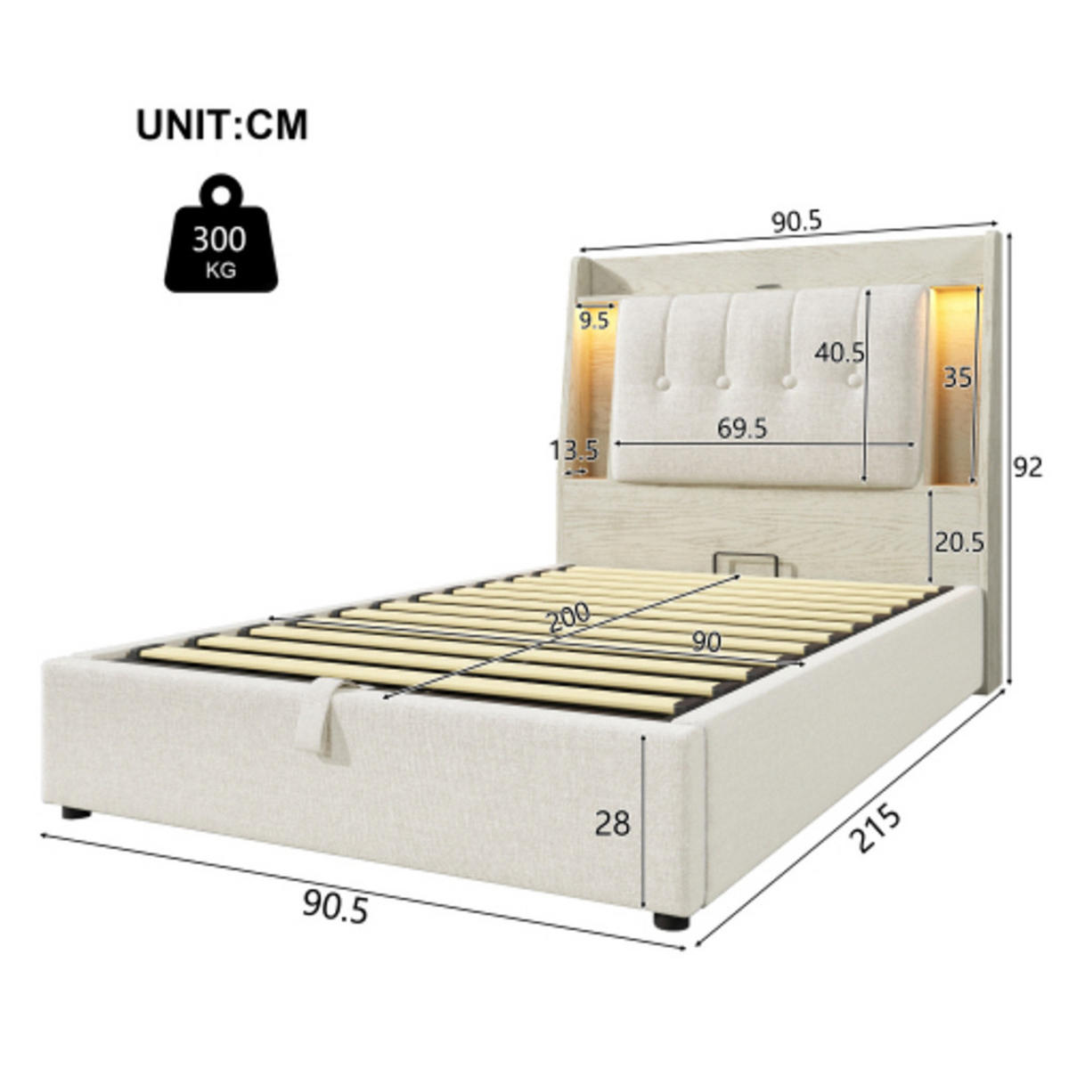 POLSTERBETT 90 × 200 cm mit Leinenbezug, Klapp-Staufach, beidseitiger LED-Leiste und USB/Typ-C Ladeanschluss, beige - Beige, Textil (90/200cm) - Luhomfu