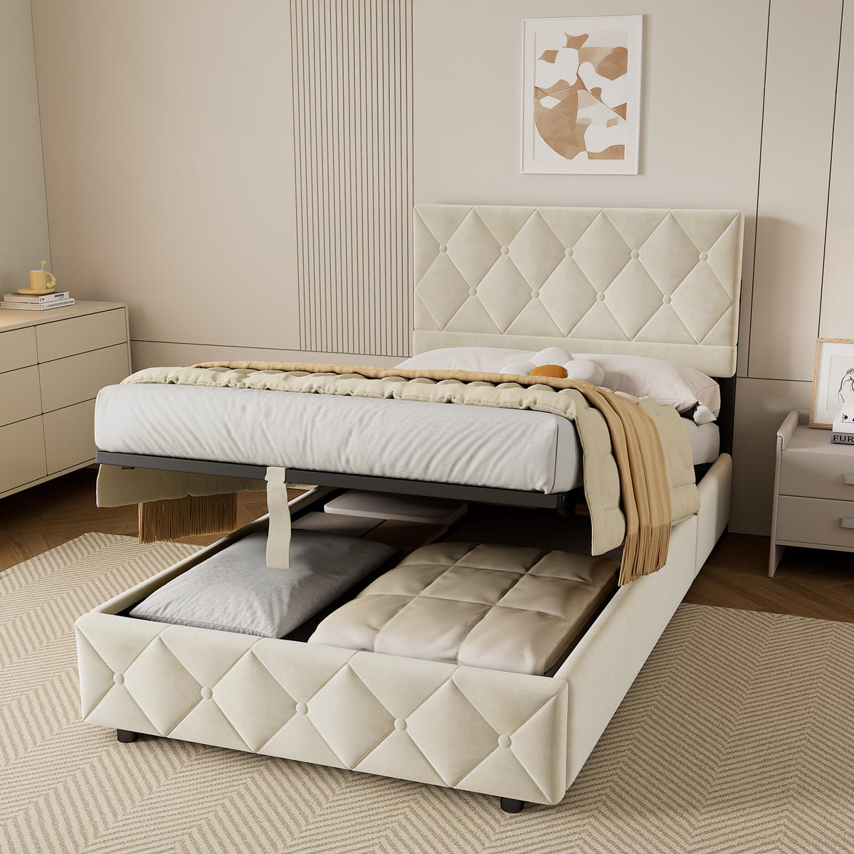 POLSTERBETT 90/190 cm mit Bettkasten in Beige Samt, ohne Matratze - Beige, Holzwerkstoff/Textil (90/190cm) - WISHDOR