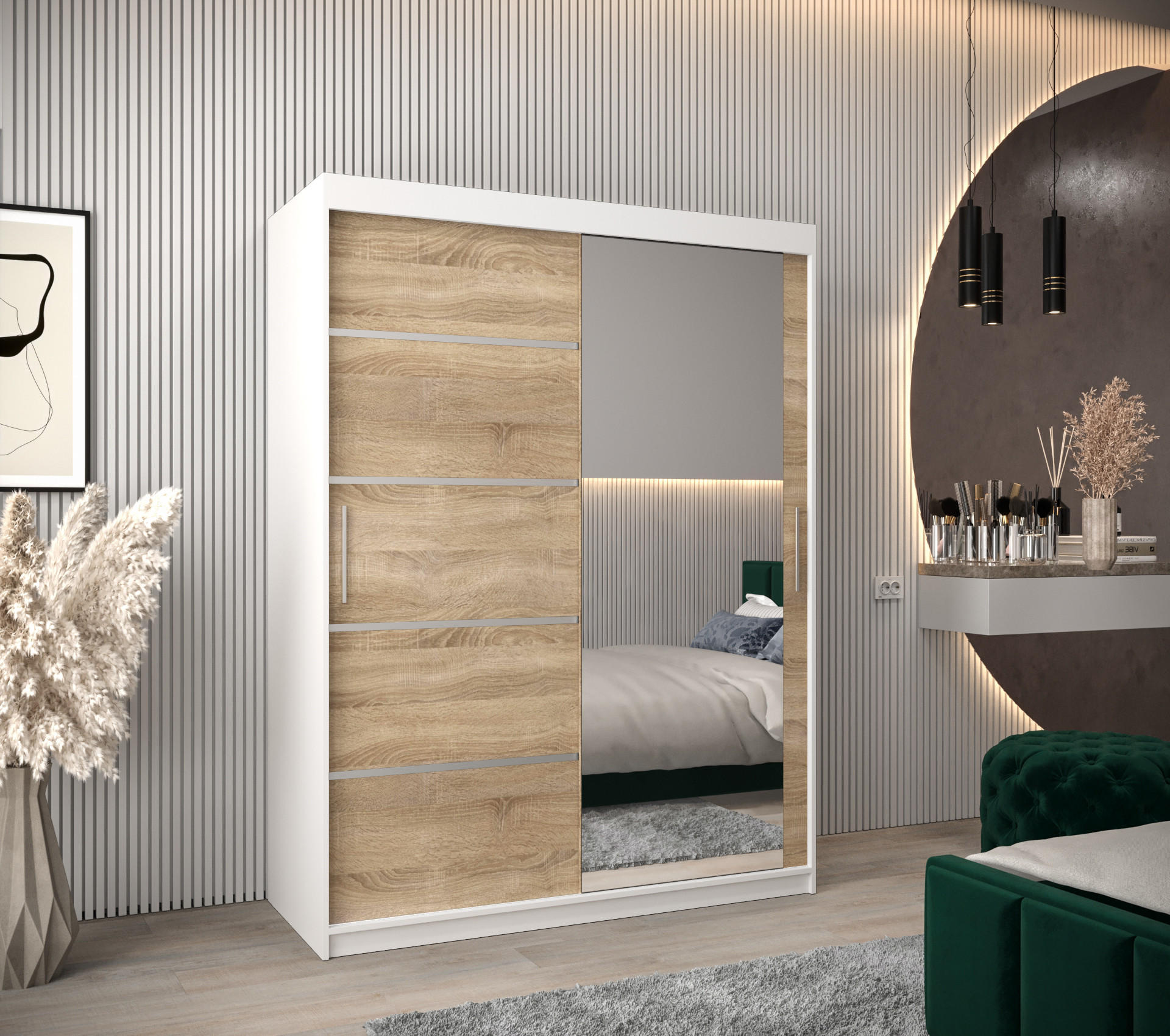 SCHWEBETÜRENSCHRANK 200/150/62 2-türig - Silberfarben/Weiß, Holz/Kunststoff (150/200/62cm) - Abiks Möbel