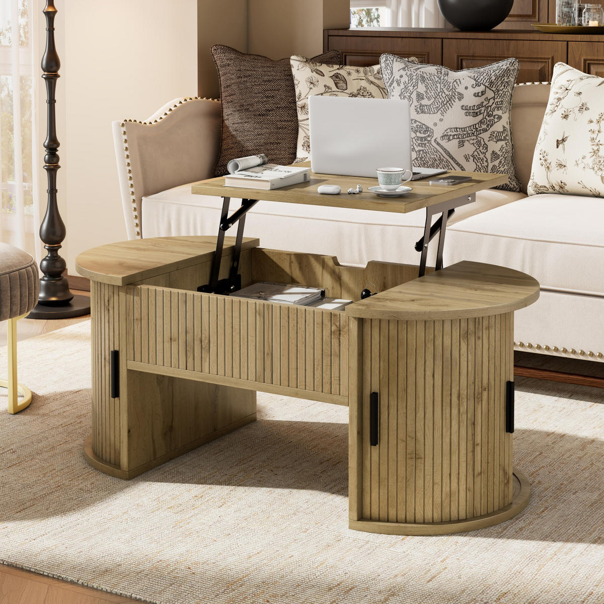 COUCHTISCH höhenverstellbar Stauraum Schiebetüren - Eichefarben, Holz (50/100/40.5cm) - LEBENLANG