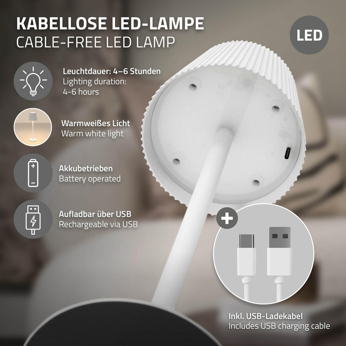 LED TISCHLAMPE kabellos mit Touch Weiß Ø10x36 cm Warmweiß Dimmbar - Weiß, Kunststoff (10/10/36cm) - ML-DESIGN