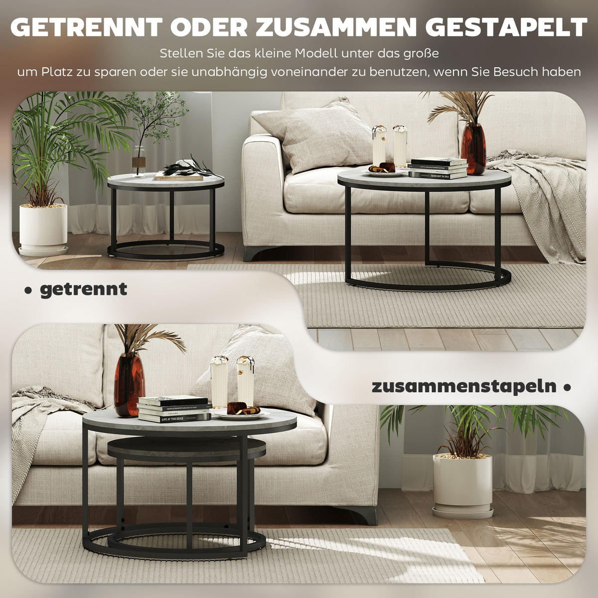 COUCHTISCH 2er-Set, Beistelltisch mit Metallgestell, stapelbar Sofatisch Grau - Hellgrau, Kunststoff (78.5/78.5/46.5cm) - HOMCOM