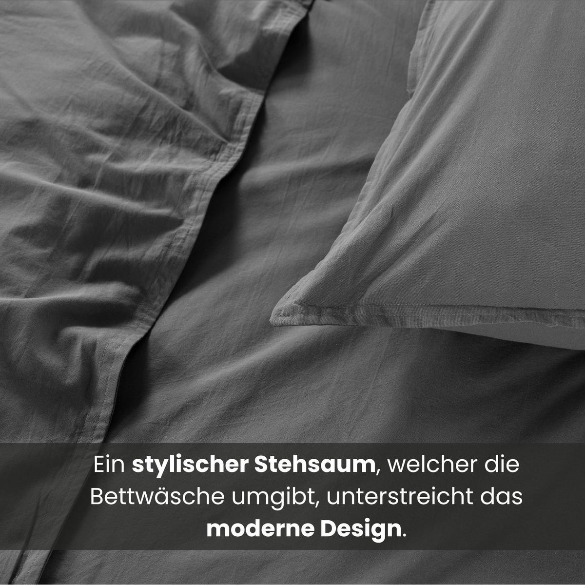 BETTWÄSCHE Stone Washed dunkelgrau 155/220 cm 100% Baumwolle Used-Effekt mit Stehsaum - Dunkelgrau, Textil (155/220cm) - wometo