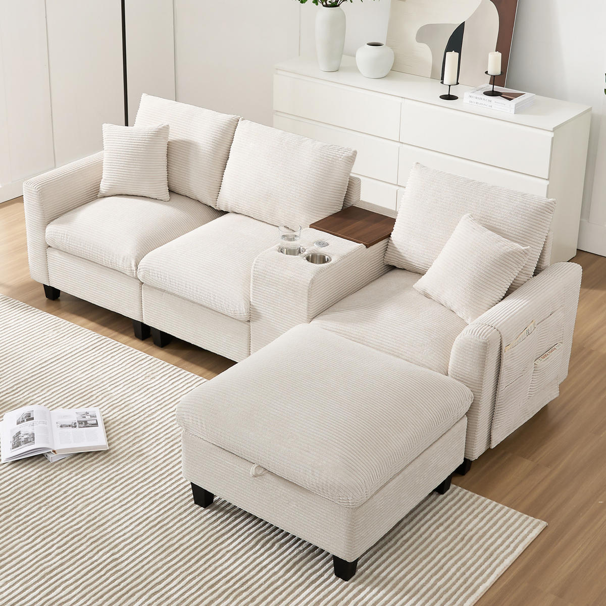 SOFA L-Form 4-Sitzer mit Konsole und 2 USB-Anschlüssen Cord Beige 229/149,5/83 cm - Beige, Textil (229/149.5cm) - OKWISH