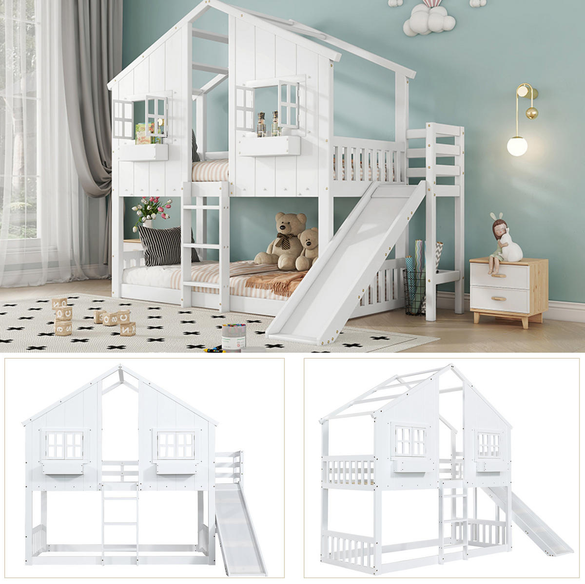 ETAGENBETT 90/200 cm in Weiß/Natur mit Rutsche, Dach und Fenstern - Weiß, Holz (90/200cm) - OKMYHOME