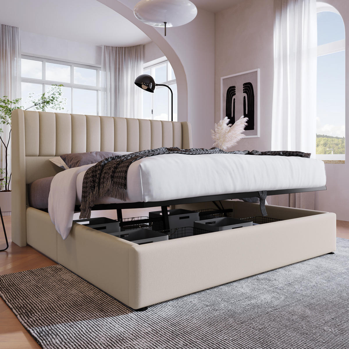 POLSTERBETT 180/200 cm Beige aus Leinen mit Bettkasten - Beige, Textil (180/200cm) - OKMYHOME