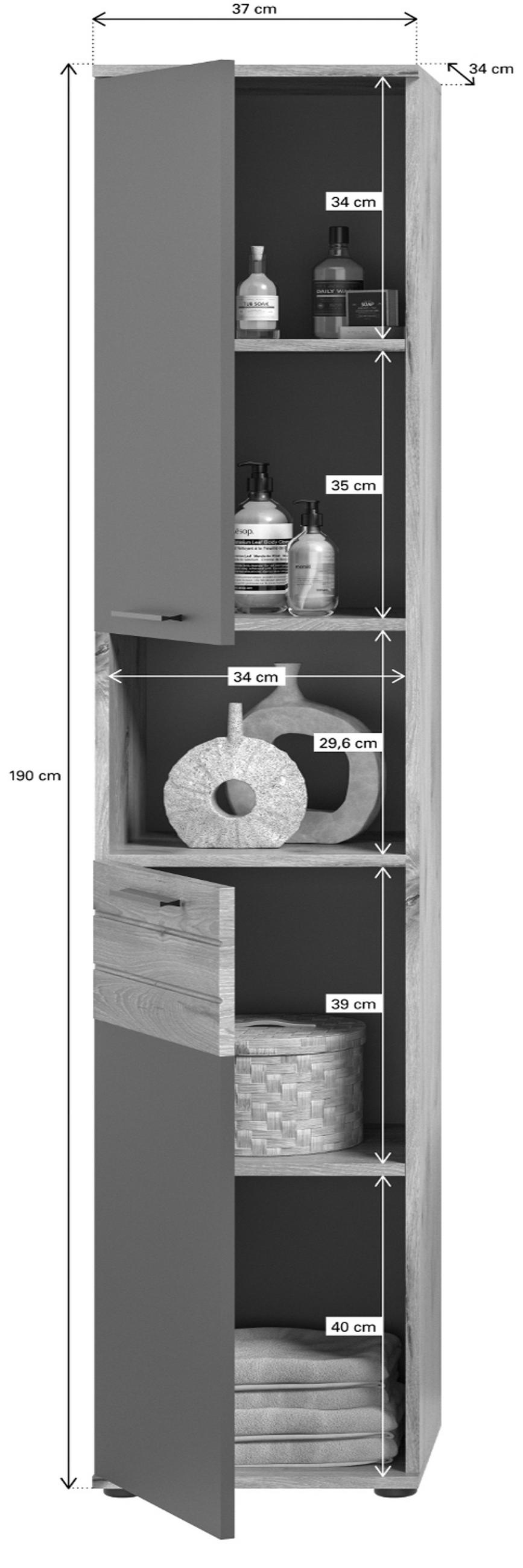 HOCHSCHRANK Eiche, grau 37 cm Badschrank mit Soft-Close, Badezimmereinrichtung - Eichefarben/Schwarz, Holzwerkstoff/Kunststoff (37/190/34cm) - Inn.Furn