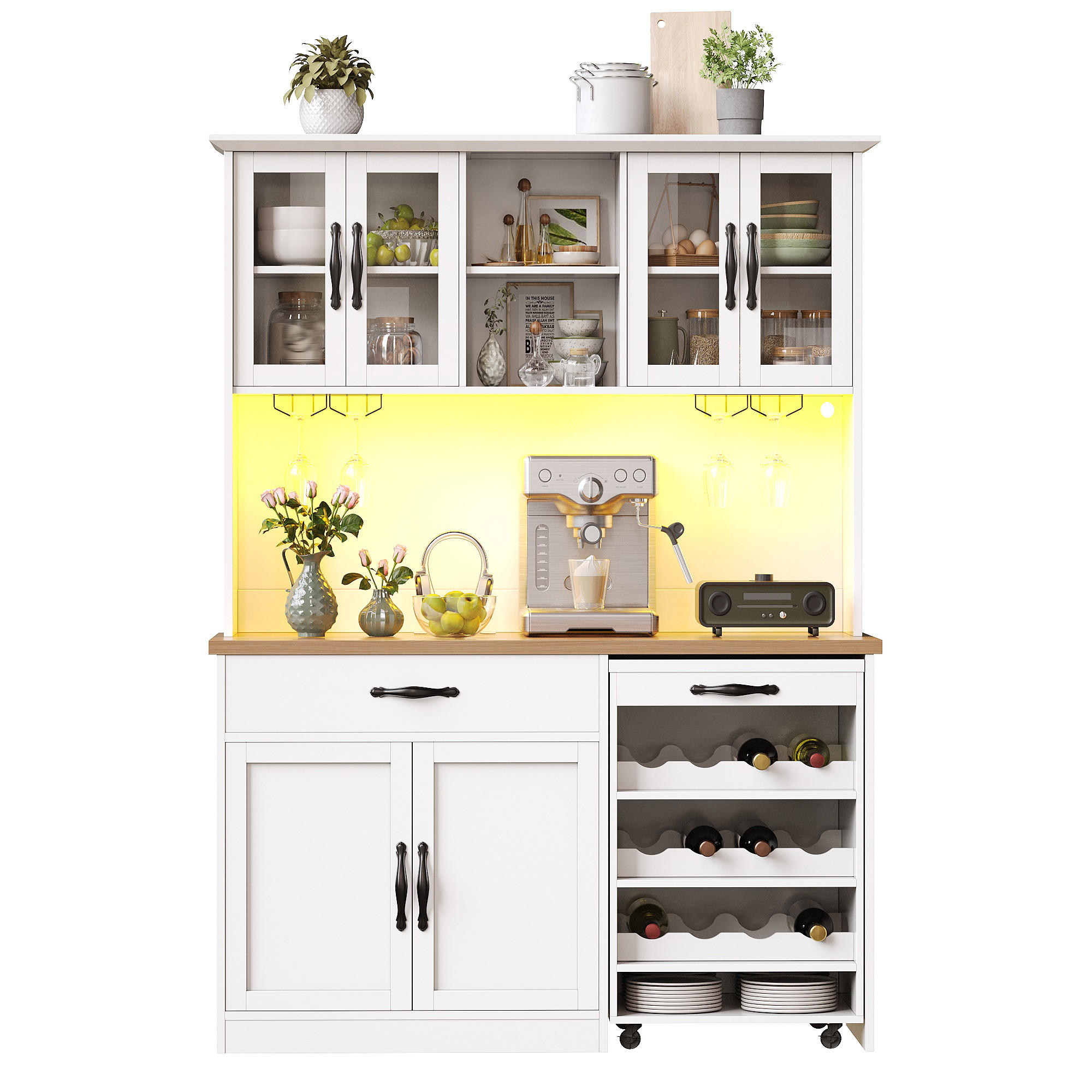 KÜCHENSCHRANK 140Cm LED Rollwagen Weinregal Glas - Weiß, Holzwerkstoff (140/180/38cm) - FLIEKS