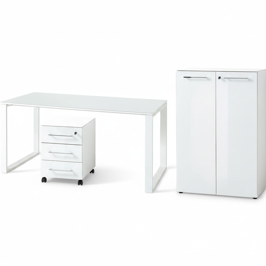 BÜRO-SET MUENCHEN 3-tlg Weiß | Schreibtisch, Schrank, Container | Glasfront - Weiß, Holzwerkstoff/Metall (255/120/80cm) - KADIMA DESIGN