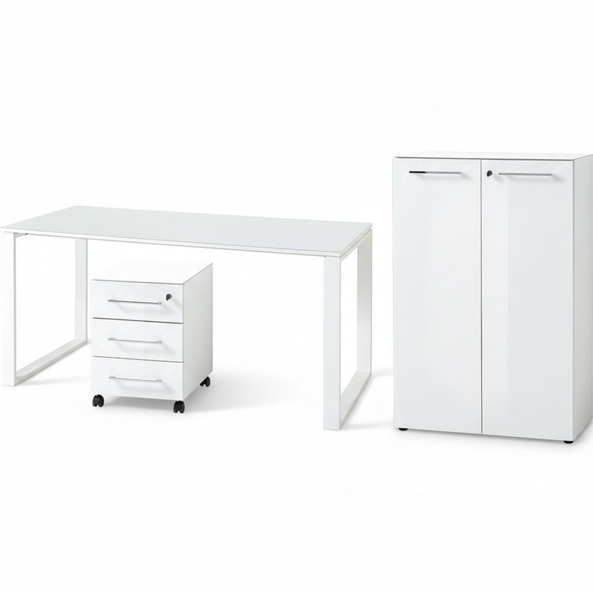 BÜRO-SET MUENCHEN 3-tlg Weiß | Schreibtisch, Schrank, Container | Glasfront - Weiß, Holzwerkstoff/Metall (255/120/80cm) - KADIMA DESIGN