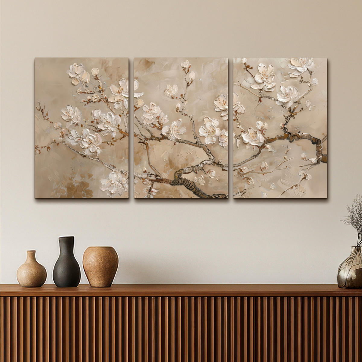 LEINWANDBILD 3er Set Beige - Blüte - Modern 120x60 cm - Greige, Textil (120/60cm) - MuchoWow