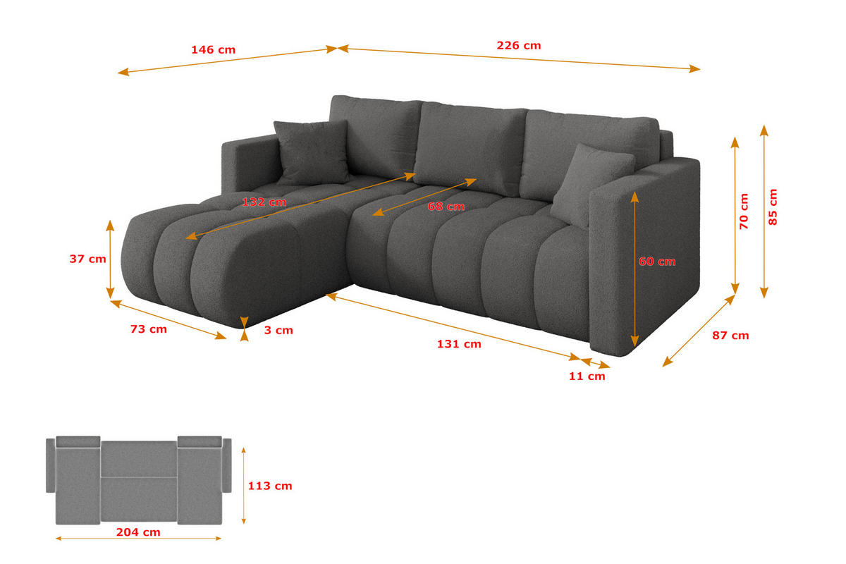 ROHOVÁ SEDAČKA s funkcí spaní, otoman vlevo GARD-L 226x146x85 šedá bouclé - šedá/černá, kompozitní dřevo/textil (226/146cm) - ALTDECOR