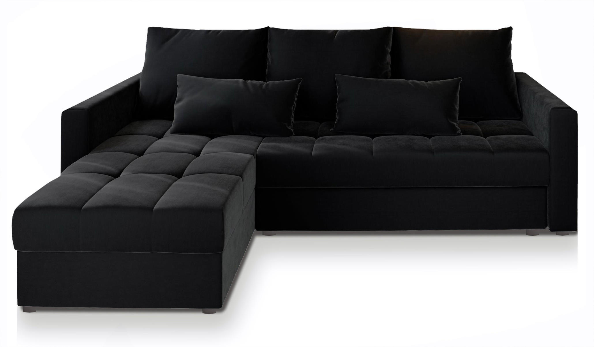 ECKSOFA KOS PIK Schwarz Plüsch-Stoff mit Schlaffunktion - Schwarz, Holz (220/140cm) - MASSENO