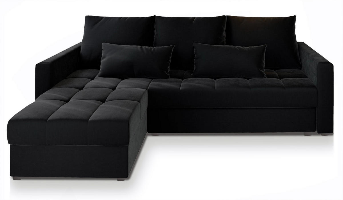 ECKSOFA KOS PIK Schwarz Plüsch-Stoff mit Schlaffunktion - Schwarz, Holz (220/140cm) - MASSENO