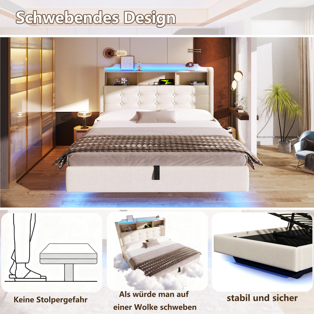 POLSTERBETT 140x200cm Beige LED-Licht Hydraulik USB Leinen - Beige, Holz (140/200cm) - FLIEKS