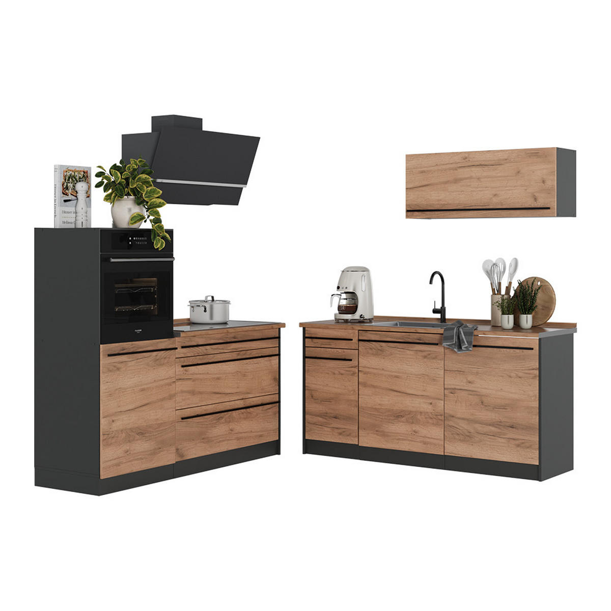 KÜCHENZEILE R-Line, Goldkraft Eiche/Anthrazit, 160 cm Arbeitsplatte Anthrazit - Honigeiche/Anthrazit, Holzwerkstoff (160/143/60cm) - Vicco
