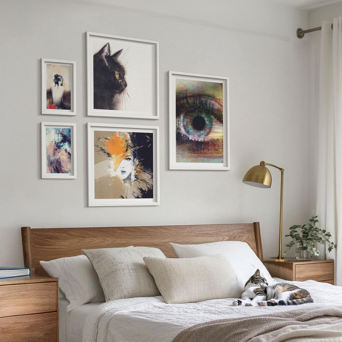 WANDBILDER 5er-Set - 50x50 cm & 20x30 cm & 40x60 cm Weißer Rahmen - Gelbgrau-braune Wellen - Weiß, Kunststoff (40/60cm) - ArtPrintCave