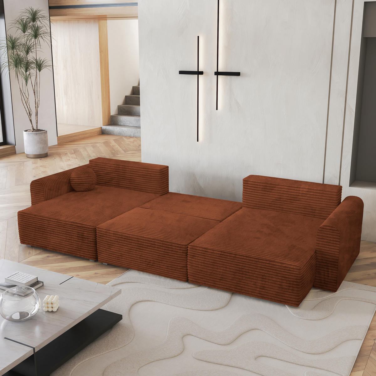 WOHNLANDSCHAFT FENTO Braun Kordstoff mit Schlaffunktion - Braun, Holz (347/90/148cm) - MASSENO