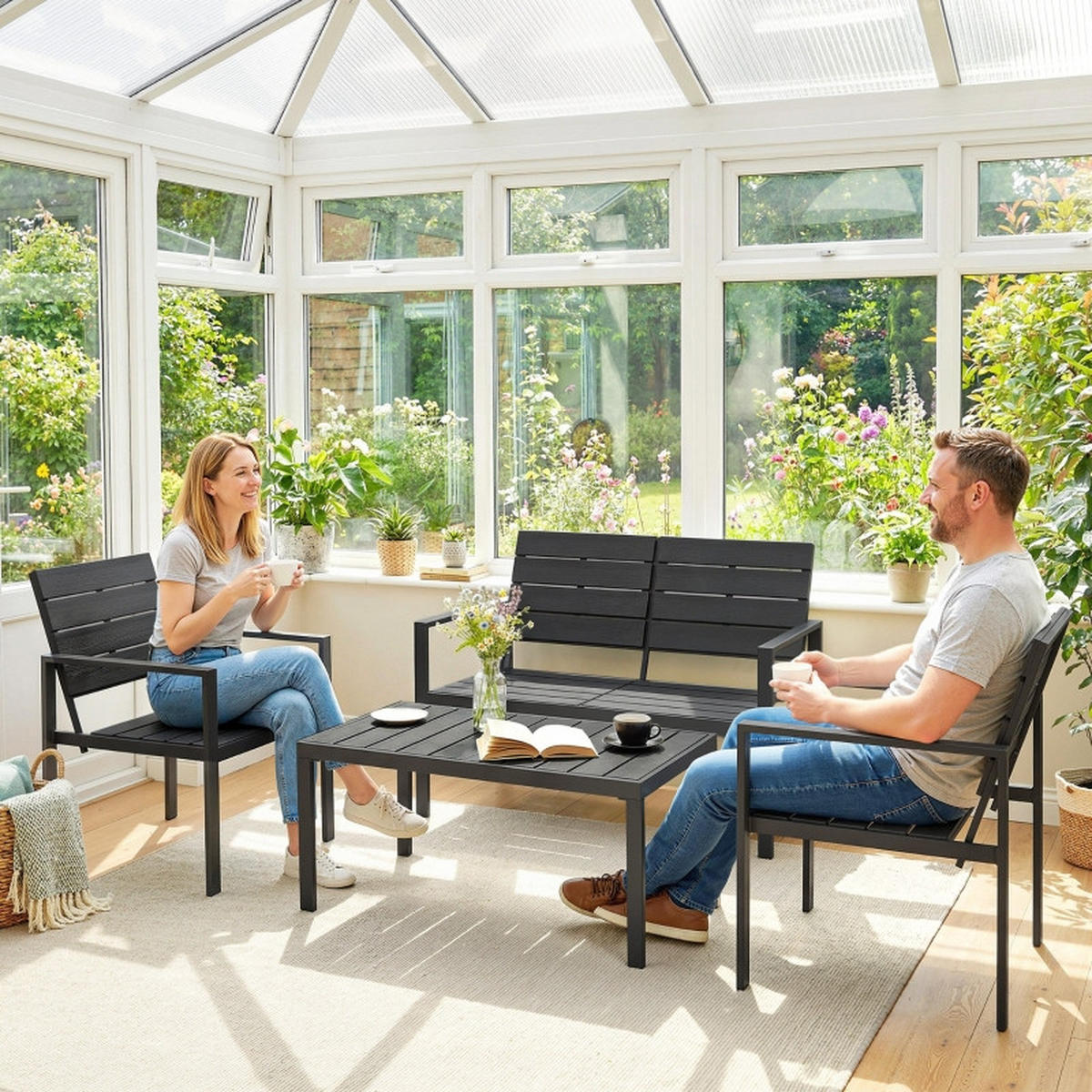 GARTENMÖBEL,2ER Sofa+2 Sessel+Beistelltisch,schwarz - Schwarz, Metall - Vallsero