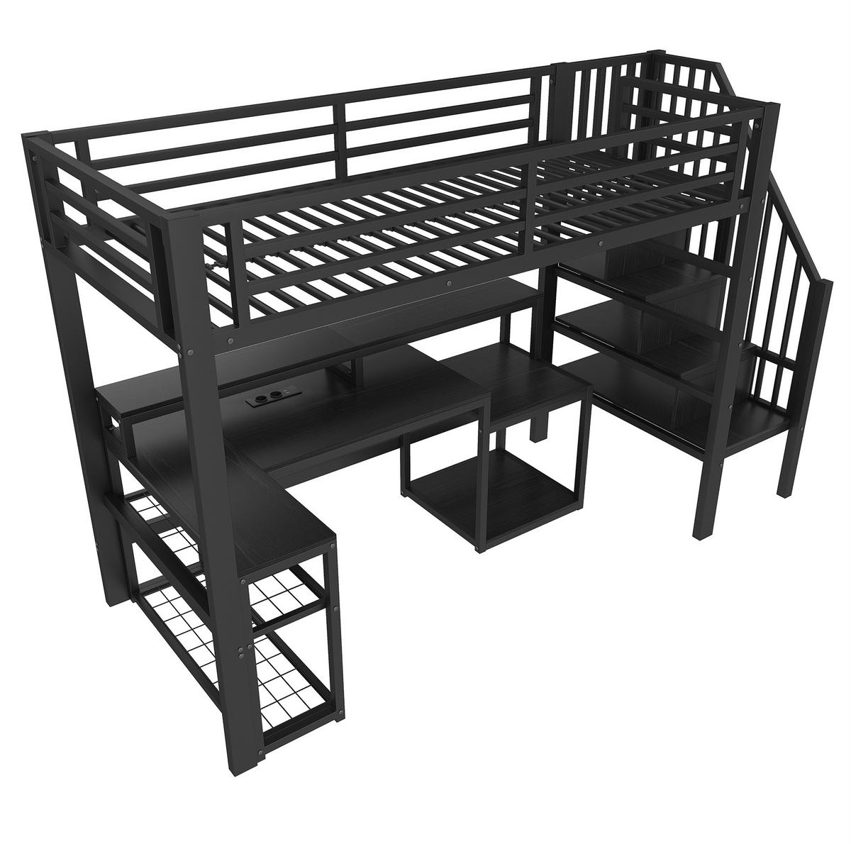 HOCHBETT 90/200 cm aus Metall mit Schreibtisch und LED-Beleuchtung - Schwarz, Metall (90/200cm) - Flora Grace