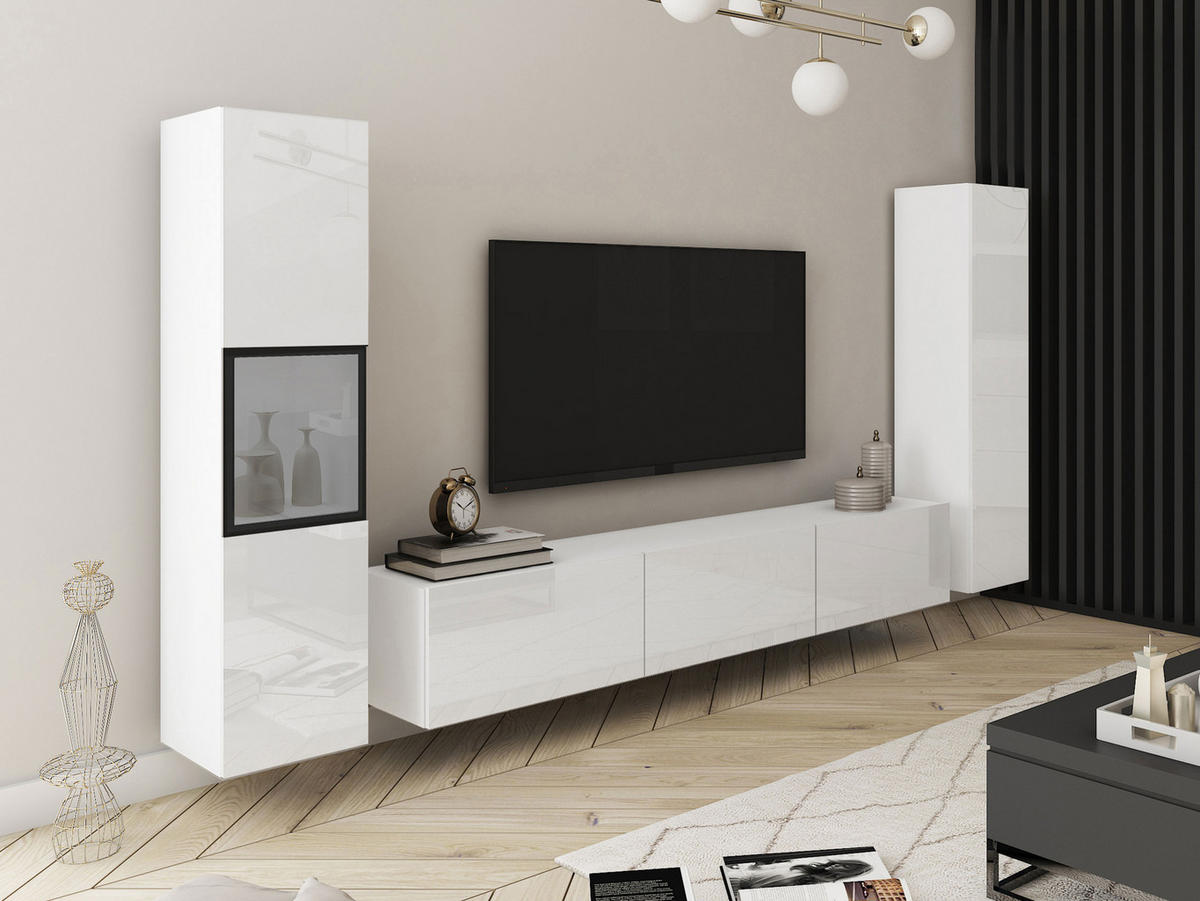 WOHNWAND Berlin III - Weiß Hochglanz/Alufarben, Holzwerkstoff/Kunststoff (180/30/33cm) - MIRJAN24