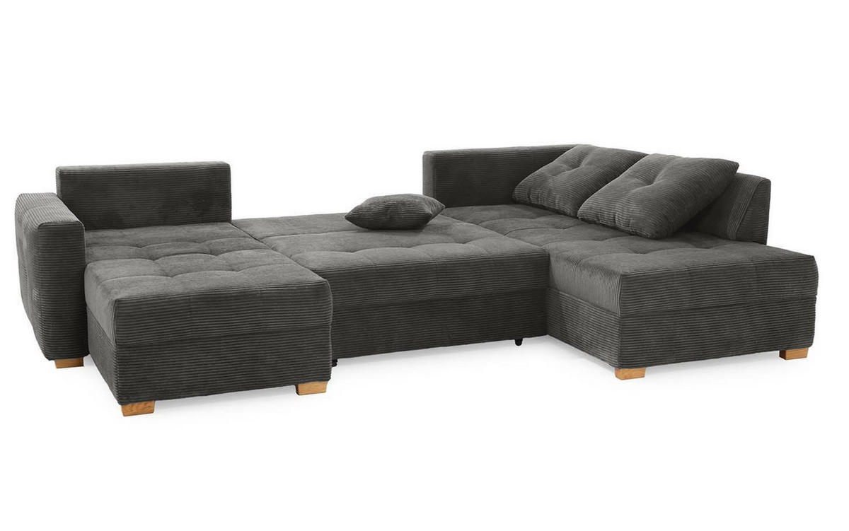 WOHNLANDSCHAFT mit Schlaffunktion und Bettkasten, spiegelverkehrt montierbar U-Form B313/T200/H92 cm, Cord Grau Anthrazit / 15220 - Schieferfarben/Eichefarben, Holz/Textil (313/92/200cm) - luma-home