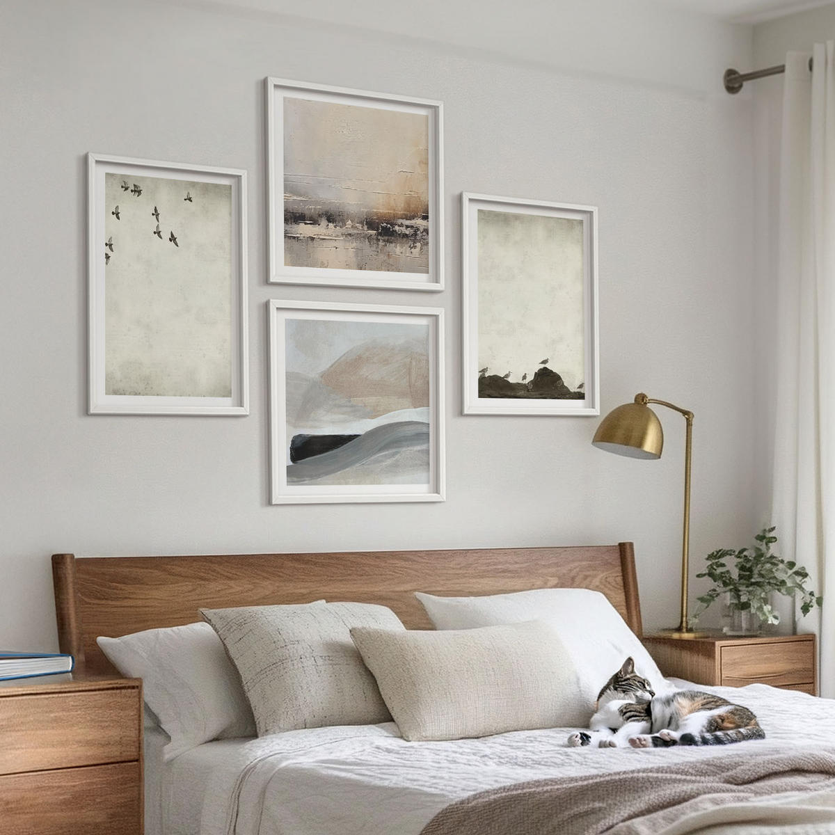 WANDBILDER 4er-Set - 50x50 cm & 40x60 cm Weißer Rahmen - Vögel, Steine, Pinselstriche, Verzierungen - Weiß, Kunststoff (50/50cm) - ArtPrintCave
