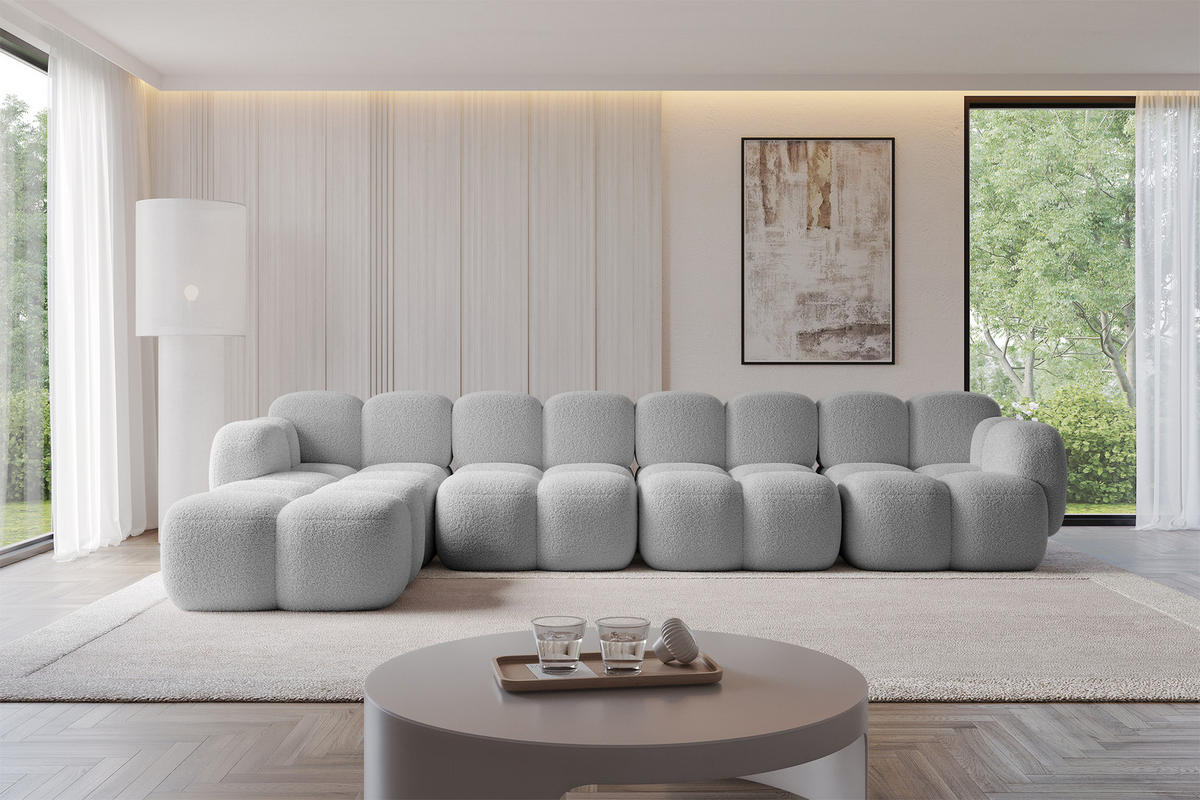 ECKSOFA modulares Sofa Links Miko-L3 390x205x75 Hellgrau Bouclé - Edelstahlfarben/Schwarz, Holzwerkstoff/Kunststoff (390/205cm) - ALTDECOR