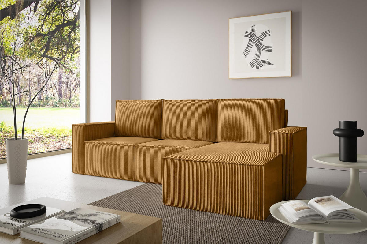 ECKSOFA Orto Gelb, Dreisitzer Kordecksofa rechte seite - Gelb, Holzwerkstoff/Textil (180/142cm) - Bettso