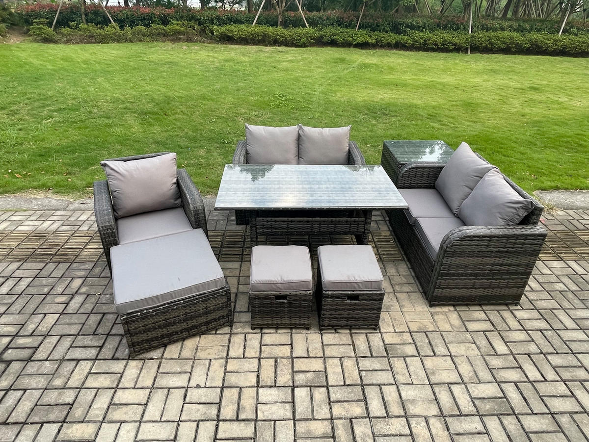 GARTENMÖBELSET mit Esstisch,Hockern,Beistelltisch Polyrattan Dunkelgrau 8-Sitzer - Dunkelgrau/Grau, Glas/Kunststoff - Fimous