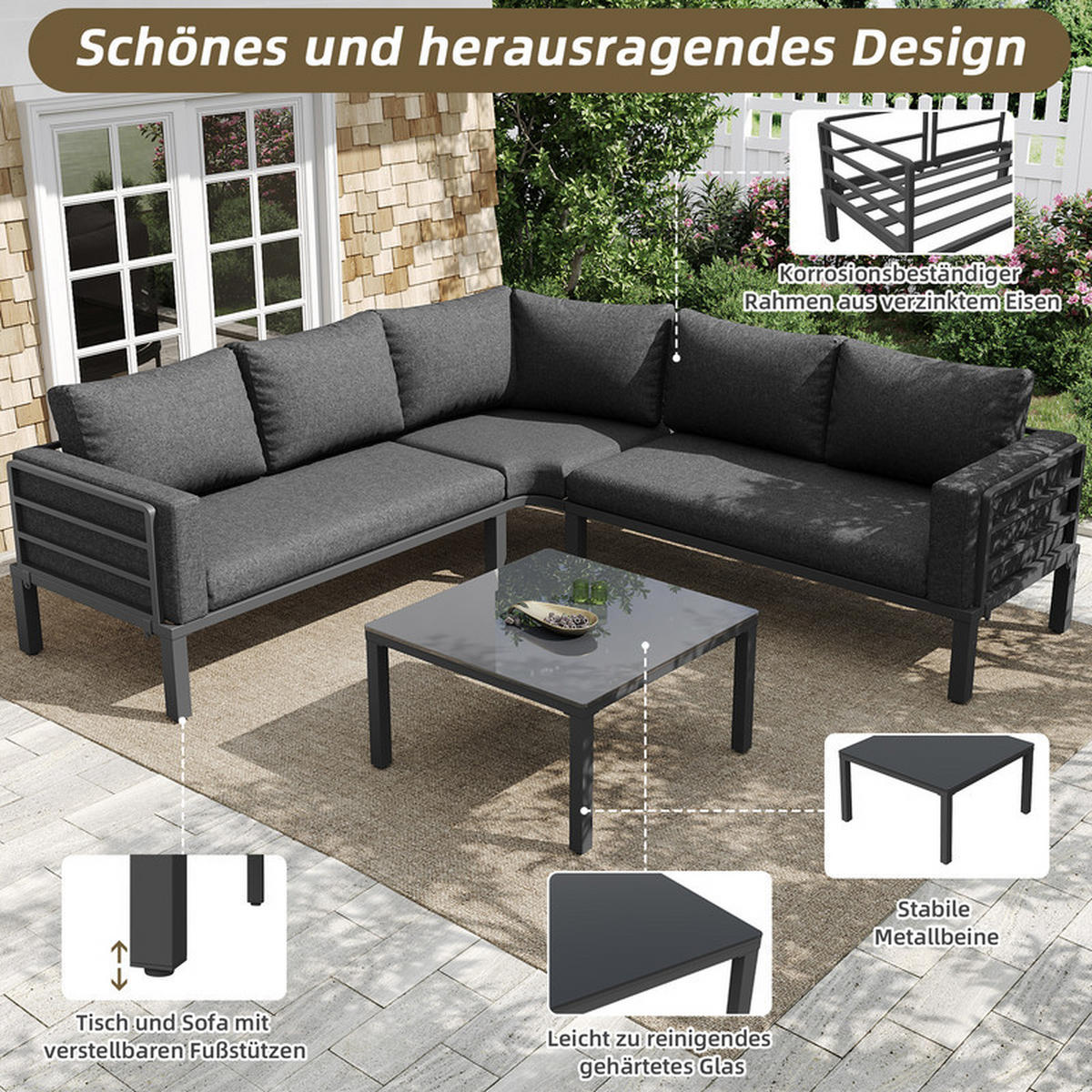 GARTENLOUNGE-SET GRAU 4-5 Sitzplätze mit Glastisch verstellbaren Beinen inkl. Kissen - Schwarz, Textil - BLACKCUP