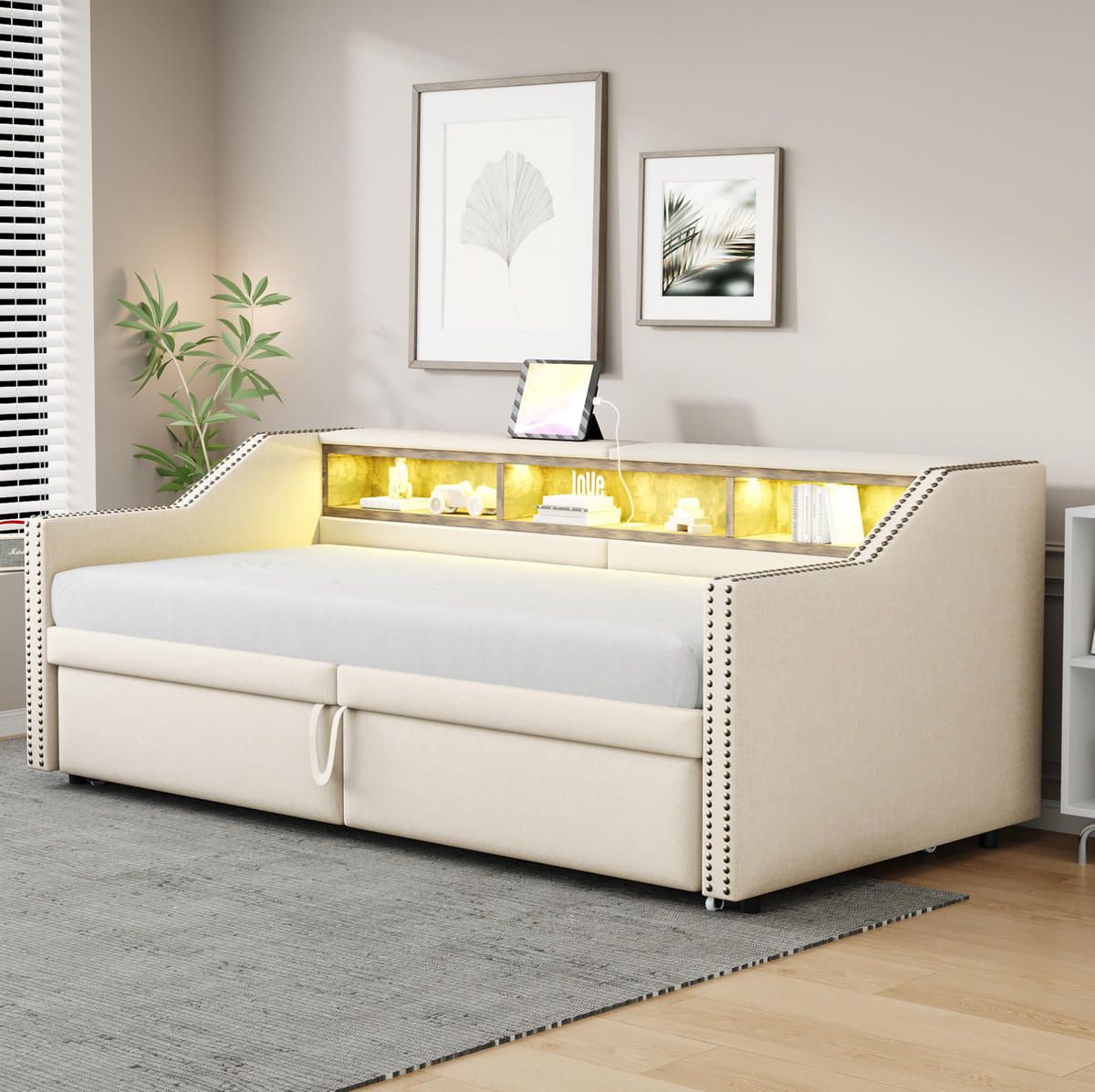 BETT aus Leinenstoff 90/180x200 cm Beige mit Ausziehbett, LED, USB und 3 Ablagefächern - Beige, Textil (90/200cm) - Modfu