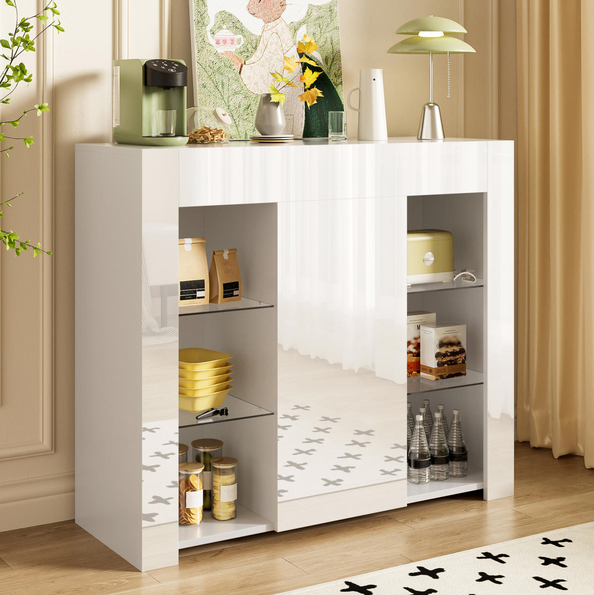 SIDEBOARD aus Spanplatte 95x35x83 cm Weiß mit Hochglanzfront, Glasregalen und Schranktür - Weiß, Holzwerkstoff (95/83/35cm) - Modfu