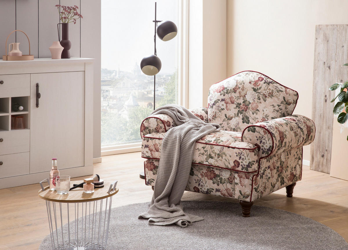 SESSEL creme Landhaus, Blumen Design, Loungesessel 110 cm - Rot/Multicolor, Holz/Textil (110/96/90cm) - Furn.Design